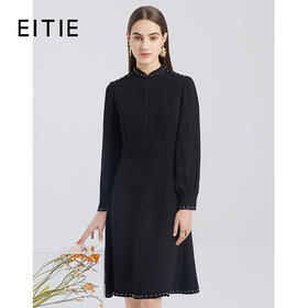 EITIE爱特爱秋季新款通勤时尚气质钉珠立领收腰显瘦A字连衣裙6007725