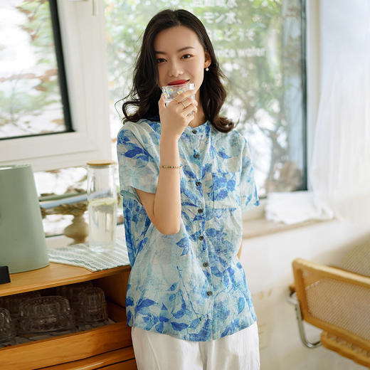 天然苎麻短袖衬衫 宽松国风 复古碎花 女衬衣 商品图5