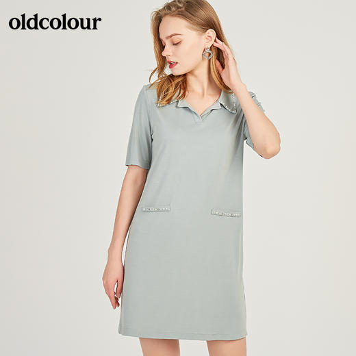 oldcolour欧珂Polo领直筒短袖连衣裙女中长款宽松M23101301 商品图0
