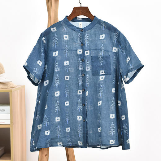 天然苎麻短袖衬衫 宽松国风 复古碎花 女衬衣 商品图8