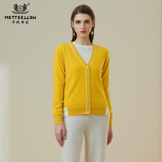 METTE羊绒世家2021秋冬新品女士100%山羊绒针织开衫V领撞色小外套 商品图0