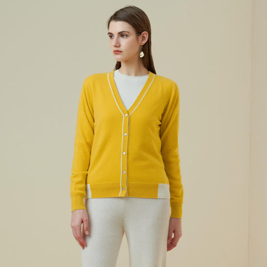 METTE羊绒世家2021秋冬新品女士100%山羊绒针织开衫V领撞色小外套 商品图1