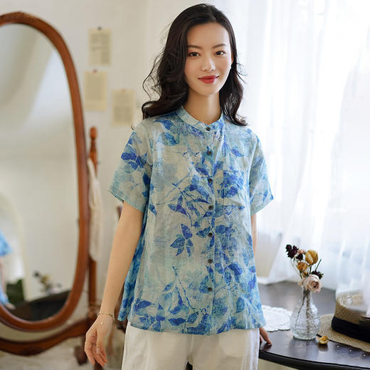 天然苎麻短袖衬衫 宽松国风 复古碎花 女衬衣 商品图3