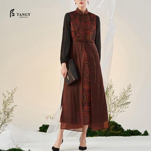 TANGY Collection/天意精品2021年秋季新品真丝印花捏褶莨绸连衣裙 商品图0