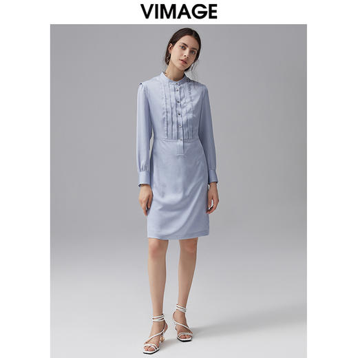 VIMAGE纬漫纪秋季新品通勤简约长袖立领H裙连衣裙VC2107224 商品图1