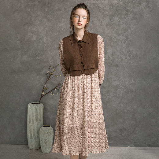 famecoco范可儿印花连衣裙秋季两件套复古马甲长裙F216EA005 商品图0