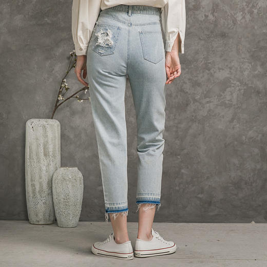 Famecoco范可儿全棉牛仔裤女秋浅色设计感裤子F216GA010 商品图2