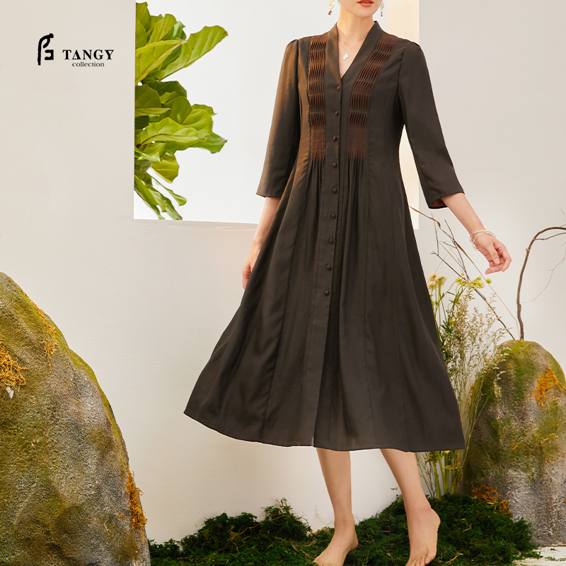 TANGY Collection/天意精品2021年秋季新品原创手工捏褶莨绸连衣裙