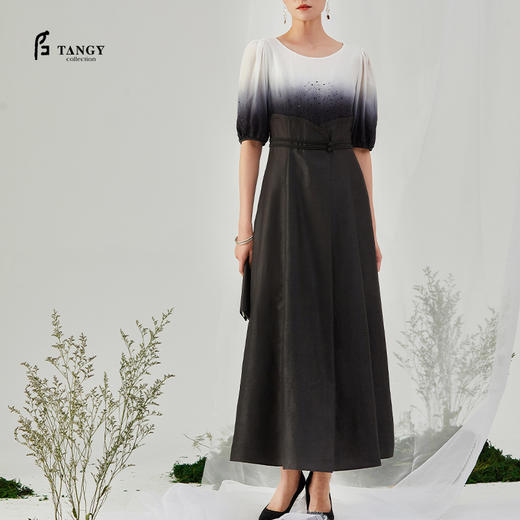 TANGY Collection/天意精品2021年秋季新品吊染拼撞莨绸高腰连衣裙 商品图0