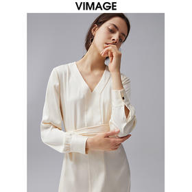 VIMAGE纬漫纪秋季新款V领显瘦高腰纯色开叉长袖连衣裙VC2107222