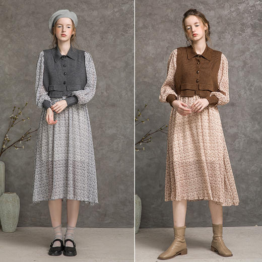 famecoco范可儿印花连衣裙秋季两件套复古马甲长裙F216EA005 商品图4