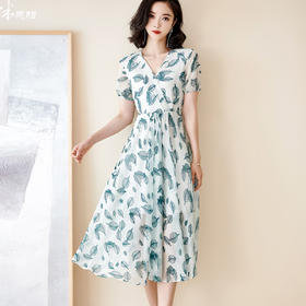 米思阳2024夏季新款优雅减龄绿色印花舒适垂感中长款连衣裙1093