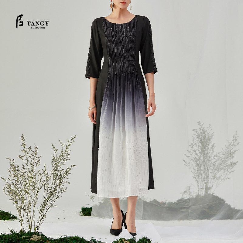 TANGY Collection/天意精品2021年秋季新品真丝吊染拼撞莨绸连衣裙