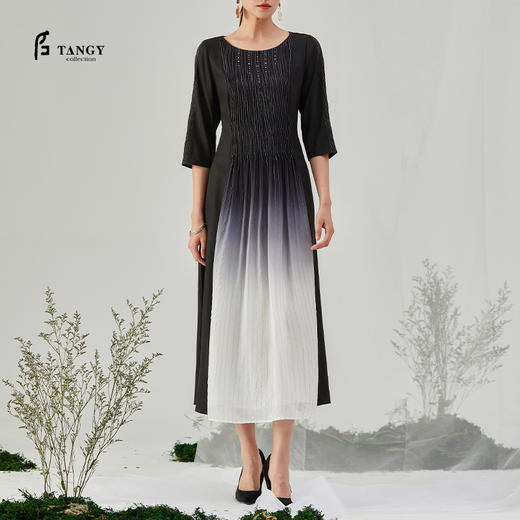 TANGY Collection/天意精品2021年秋季新品真丝吊染拼撞莨绸连衣裙 商品图0