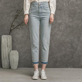 Famecoco范可儿全棉牛仔裤女秋浅色设计感裤子F216GA010
