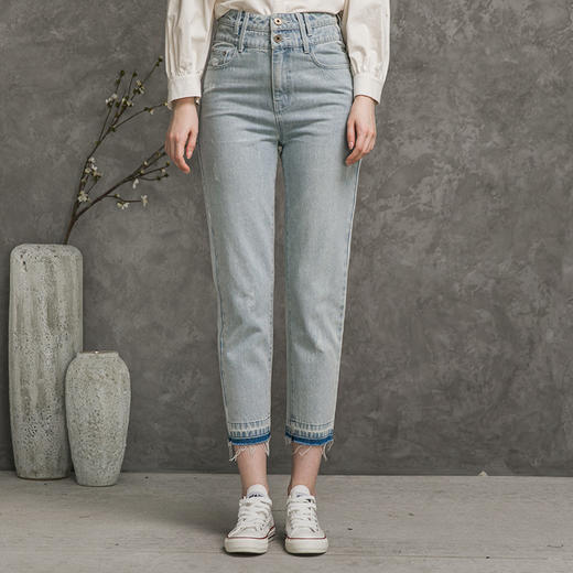 Famecoco范可儿全棉牛仔裤女秋浅色设计感裤子F216GA010 商品图0
