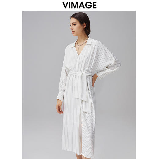 VIMAGE纬漫纪秋季新品优雅条纹显瘦开叉连衣裙VC2107226 商品图3