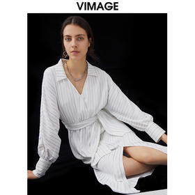 VIMAGE纬漫纪秋季新品优雅条纹显瘦开叉连衣裙VC2107226