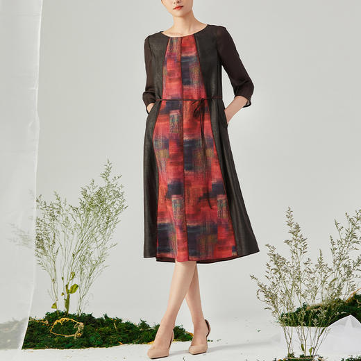 TANGY Collection/天意精品2021年秋季新品真丝印染拼接莨绸连衣裙 商品图1