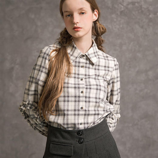 famecoco范可儿宫廷风格子衬衫女复古灯笼袖衬衣F216BH002 商品图3
