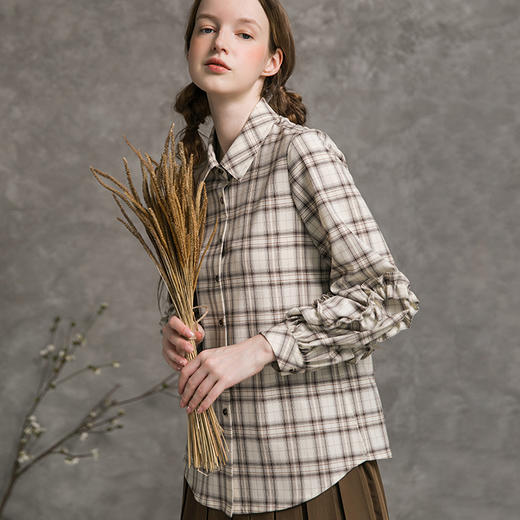 famecoco范可儿宫廷风格子衬衫女复古灯笼袖衬衣F216BH002 商品图0