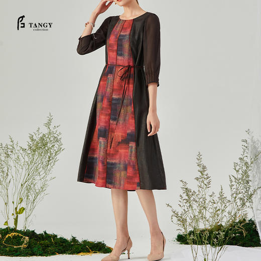 TANGY Collection/天意精品2021年秋季新品真丝印染拼接莨绸连衣裙 商品图0