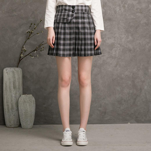famecoco范可儿a字短裙女秋遮胯格子半身百褶裙F216HA012 商品图0