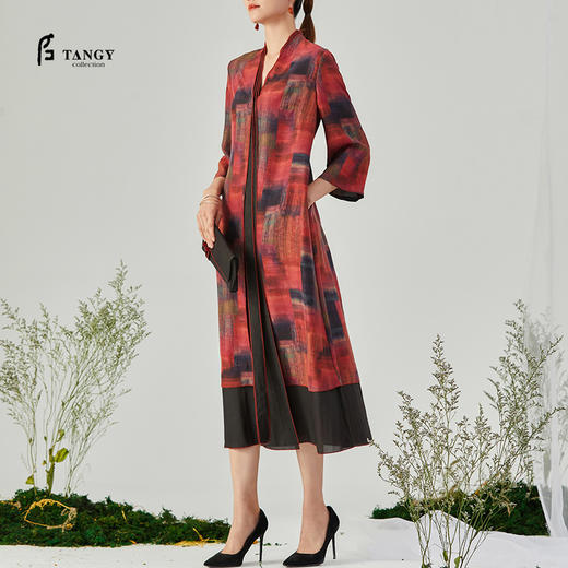 TANGY Collection/天意精品2021年秋季新品真丝印染莨绸拼撞连衣裙 商品图0