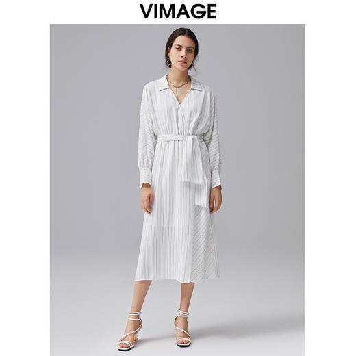 VIMAGE纬漫纪秋季新品优雅条纹显瘦开叉连衣裙VC2107226 商品图1