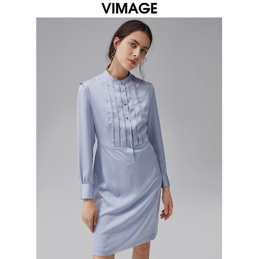 VIMAGE纬漫纪秋季新品通勤简约长袖立领H裙连衣裙VC2107224 商品图0