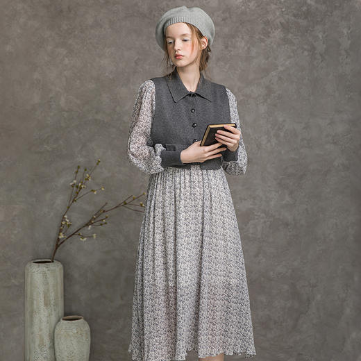 famecoco范可儿印花连衣裙秋季两件套复古马甲长裙F216EA005 商品图2