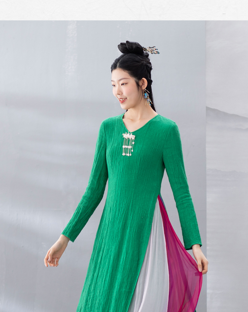 林栖设计小店雀蓝色最大xxl月华裙亚麻拼接真丝v领长袖宽松显瘦连衣裙