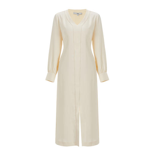 VIMAGE纬漫纪秋季新款V领显瘦高腰纯色开叉长袖连衣裙VC2107222 商品图4