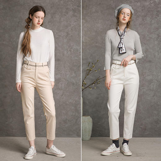 famecoco范可儿纯棉烟管裤女秋款拼接格纹休闲裤F216GA003 商品图4