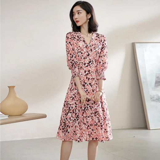 复合人丝碎花裙 气质淑女减龄花色修身显瘦V领人丝连衣裙1022 商品图1