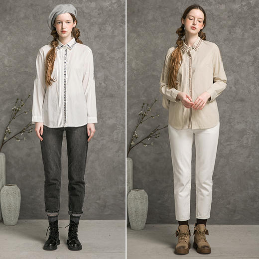 famecoco范可儿纯棉衬衫女秋花朵刺绣开衫衬衣F216BH025 商品图4