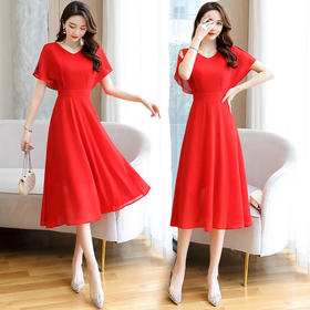 通勤时尚纯色，V领露肩连衣裙HR-YBX2020