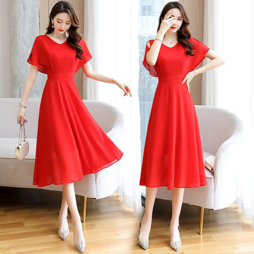 通勤时尚纯色，V领露肩连衣裙HR-YBX2020 商品图0