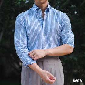 Merino Brothers 牛津纺埃及棉蓝色条纹纽扣领意式工艺衬衫