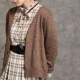 Famecoco范可儿短款针织开衫女士秋季v领纯色外套F216DE002