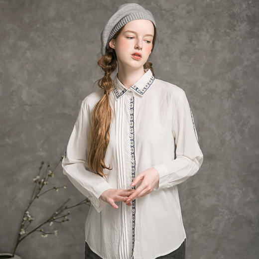 famecoco范可儿纯棉衬衫女秋花朵刺绣开衫衬衣F216BH025 商品图2