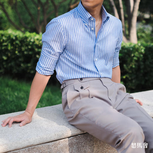 Merino Brothers 牛津纺埃及棉蓝色条纹纽扣领意式工艺衬衫 商品图2
