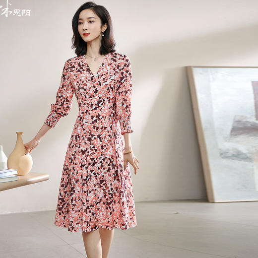 复合人丝碎花裙 气质淑女减龄花色修身显瘦V领人丝连衣裙1022 商品图0