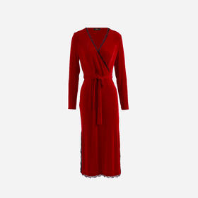 V领蕾丝装饰修身连衣裙（附腰带）