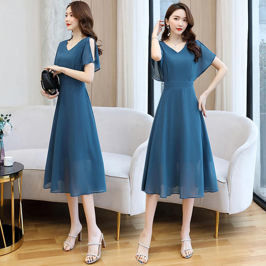 通勤时尚纯色，V领露肩连衣裙HR-YBX2020 商品图1