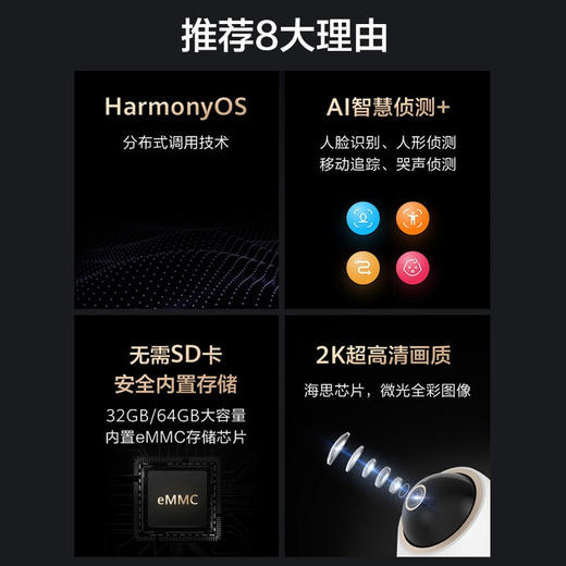 华为智选 海雀智能摄像头PRO 2K版32G//64G内置存储AI监测智能家居监控器无线高清300W像素家用全景智能摄像头 商品图1