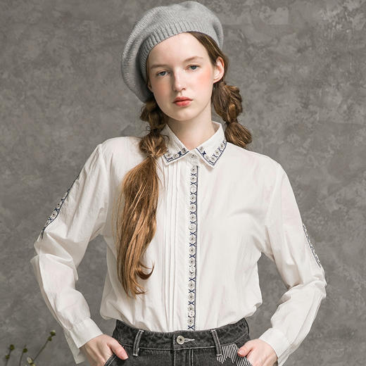 famecoco范可儿纯棉衬衫女秋花朵刺绣开衫衬衣F216BH025 商品图3