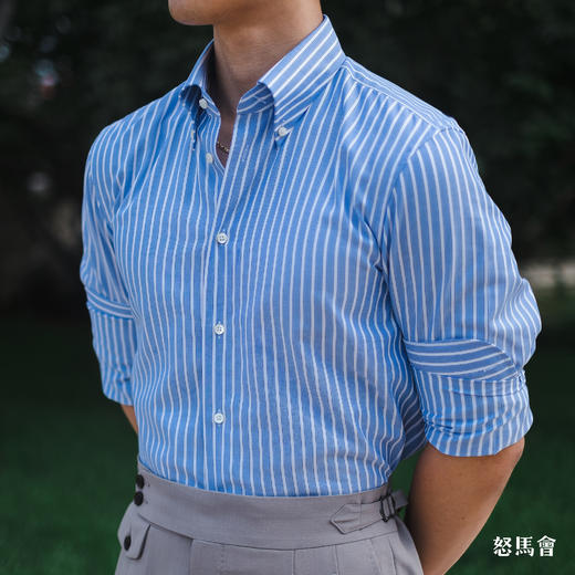 Merino Brothers 牛津纺埃及棉蓝色条纹纽扣领意式工艺衬衫 商品图1