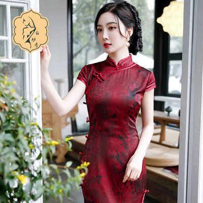 C21040 2021新款时尚女士年轻长款旗袍短袖收腰包臀斜襟立领改良版 商品图3