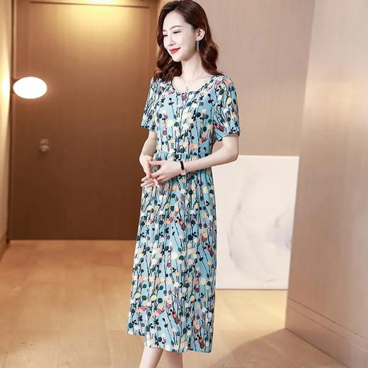 KQLFS85918新款时尚优雅气质宽松圆领短袖中长款真丝碎花连衣裙 商品图1